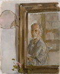 Autorretrato con geranio. 1982. leo/lienzo. 61 x 50 cm.